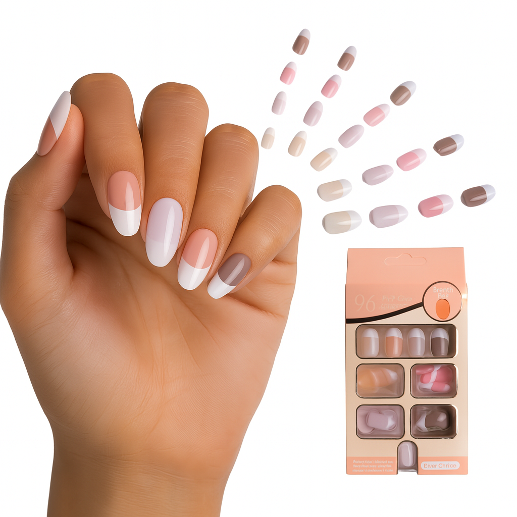Coslifestore- Pack of 96 Press On Nails, Reusable Nail Extensions, Artificial Fake Nails Set For women (French round- nudes and pinks)